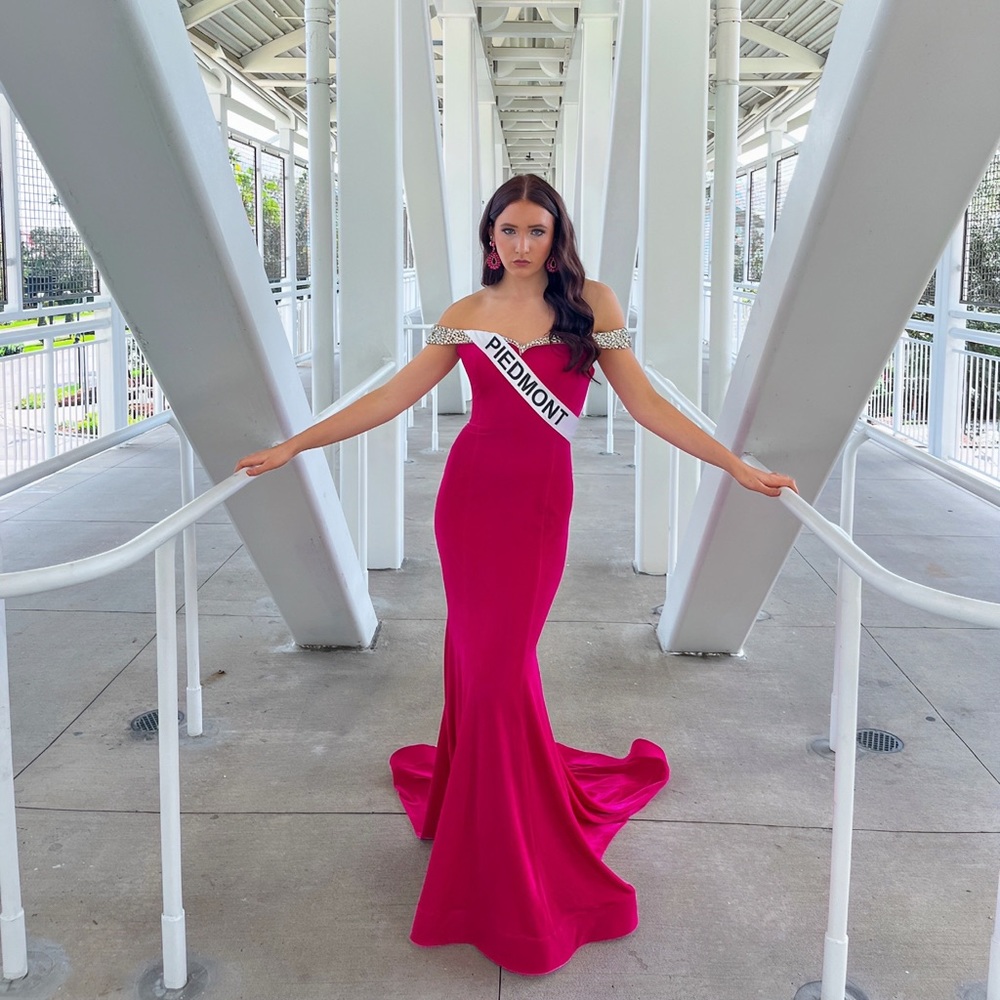 Hot pink rignstone Jonathan Kayne Pageant dress with overskirt